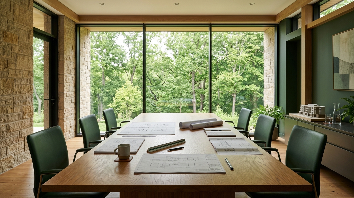 Architectural and technical consulting workspace overlooking greenery